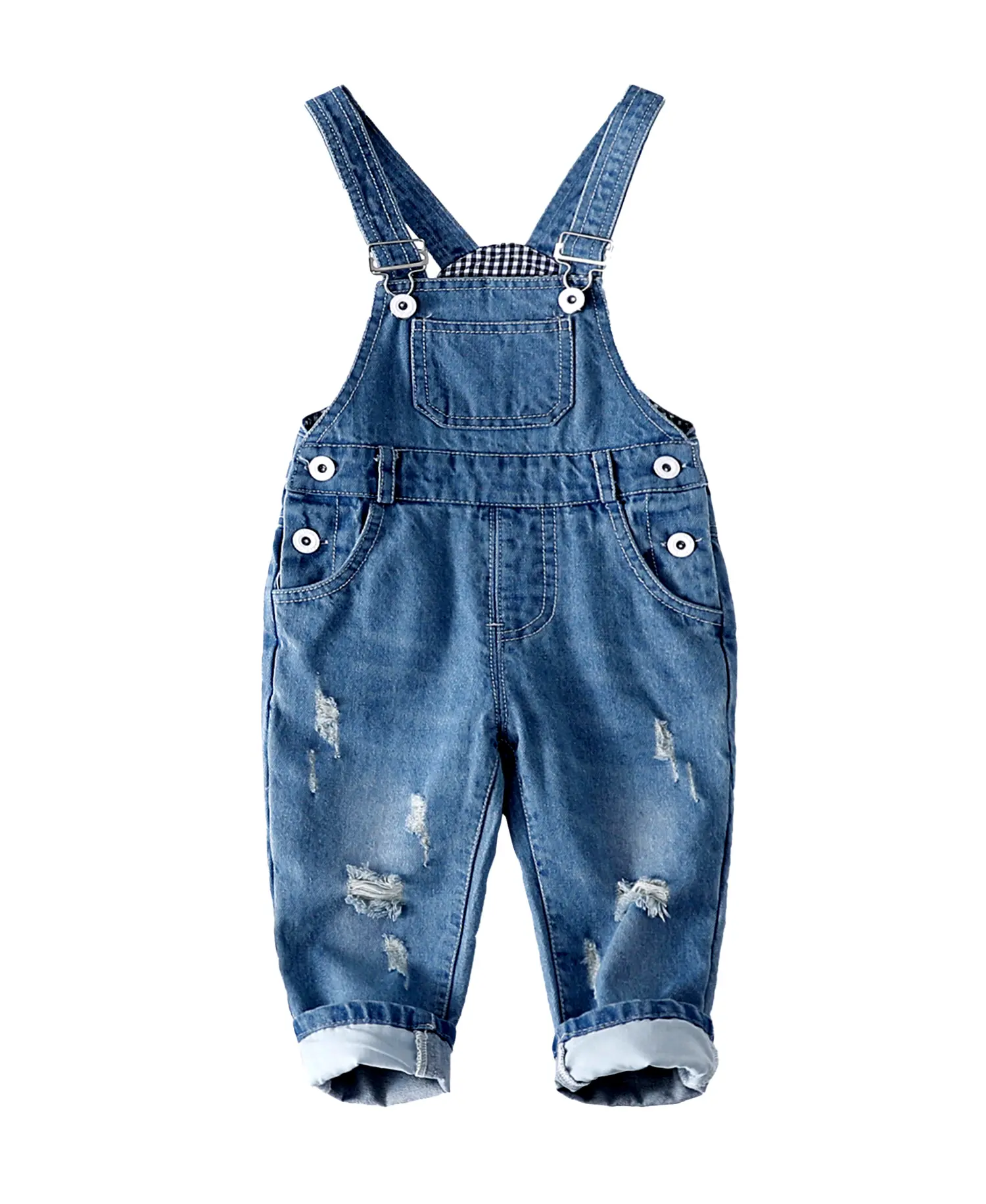 Toddler Boys Girls Denim Overalls, Ripped Jean Overall Pants with Adjustable Straps, Bib Pocket & Rolled Cuffs