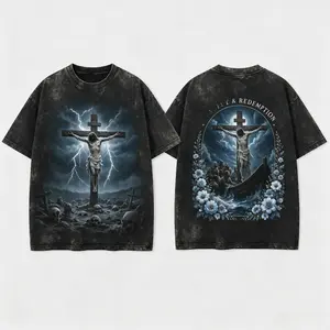 Epic Calvary & Redemption double-sided tee. Dark stormy crucifixion front, boat scene back. Unique vintage aesthetic for bold believers. Limited stock—don't miss out on this masterpiece! #cross