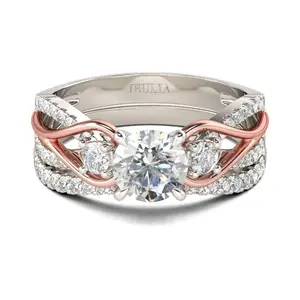 Jeulia Two Tone Rings for Women Rose Golden Three Stone Round Cut Engagement Rings Sterling Silver Halo Bridal Ring Set Anniversary Promise Wedding Ring with Jewelry Gift Box wedding set Sterling Silver