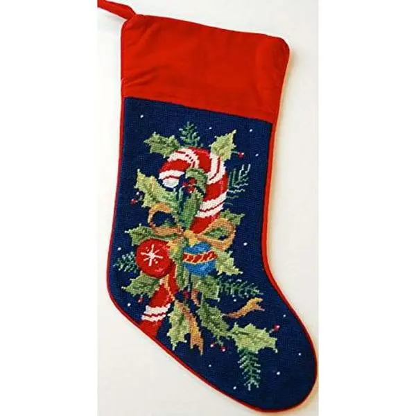 Holly and Candy Canes Wool Needlepoint Christmas Stocking