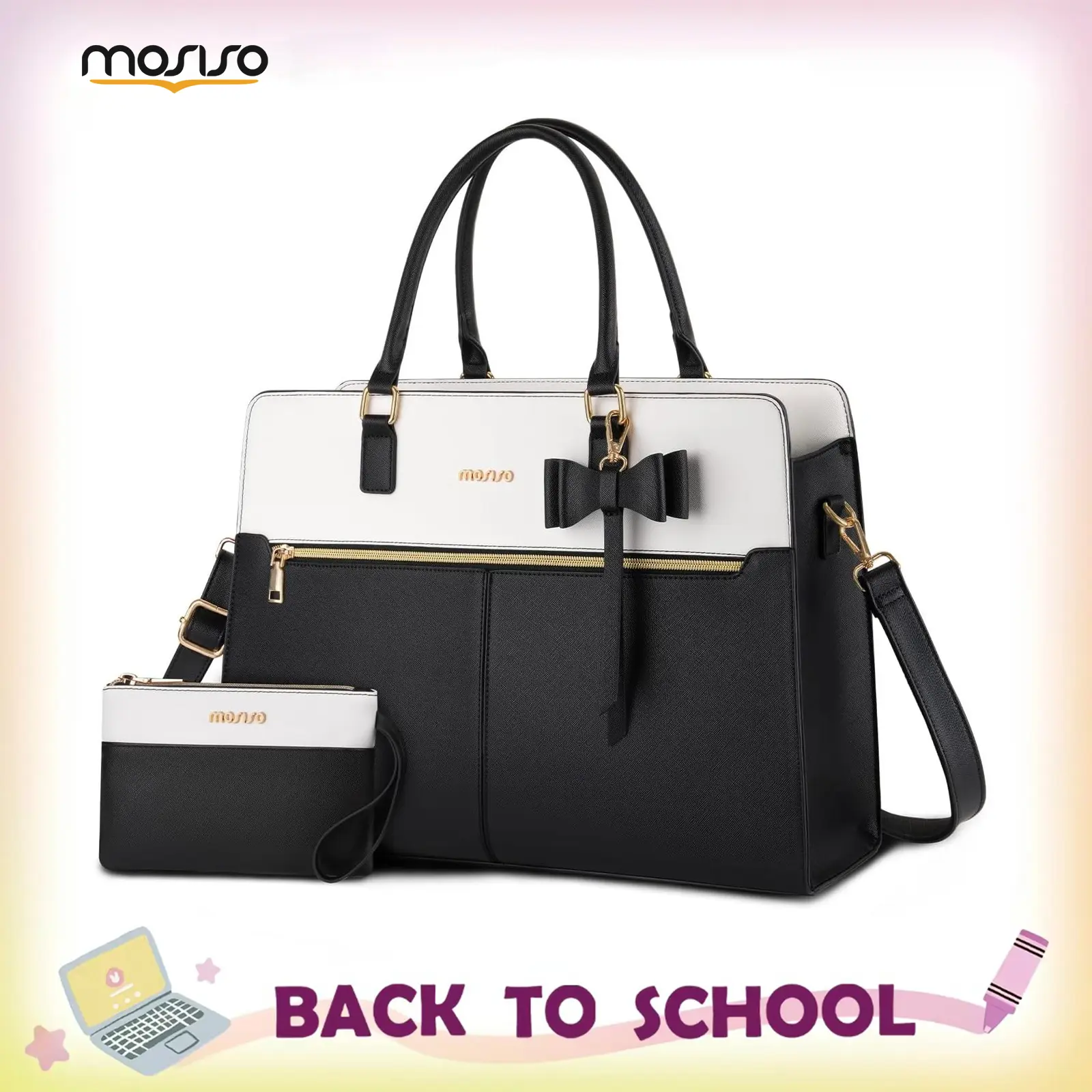 MOSISO Women's Chic 15.6in Waterproof Synthetic PU Leather Laptop Tote - Double-Handle Shoulder Bag, Bowknot Clutch Purse, Magnetic Closure, Large Multi-Compartment Crash-Proof Work Bag with Carrying Strap & Bottle Side Pockets for Office Business