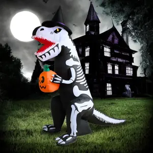 PTS 7FT Inflatable Dinosaur Skeleton with Pumpkin Outdoor Decoration Halloween Spooky Standing Waterproof Ornaments Hook
