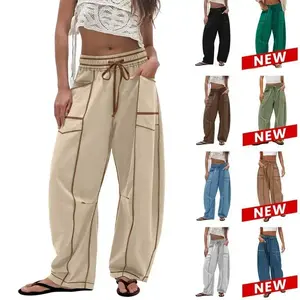 Womens Baggy Barrel Pants Wide Leg Lounge Drawstring Sweatpants with Pockets