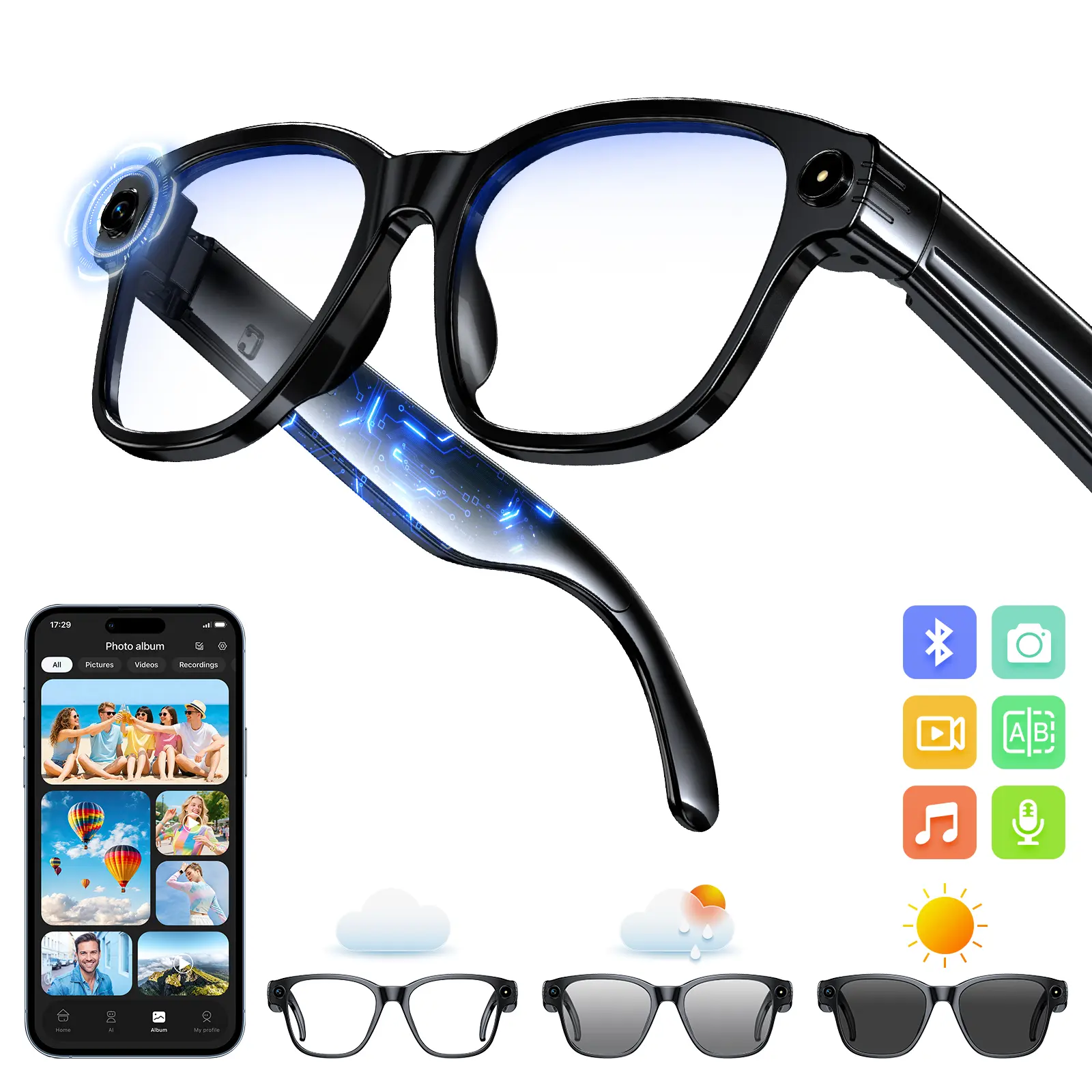 4-In-1 AI smart glasses (Bluetooth connection), 8 million pixel high-definition camera glasses, 1200P video recording glasses, AI voice assistant, AI photo recognition, color-changing lenses, suitable for all indoor and outdoor activities