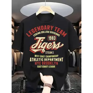 Breathable and Sweatproof! Retro American Style Letter Print Pure Cotton Black Round Neck Short Sleeve T-Shirt, Loose Fit, Comfortable and Close-fitting, Easily Adaptable to Various Body Shapes, Streetwear, Retro, Letter Print, Comfortable