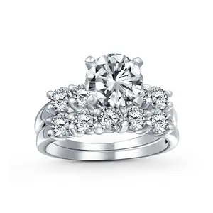 Solitaire CZ Engagement Ring Set 3.5CTW Round Side Stones Anniversary Band .925 Sterling Silver