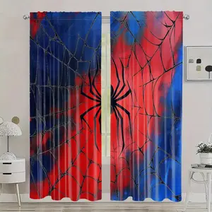 2D Flat - Set of 2 Classic Polyester Curtains Featuring a 2D Flat Print of a Spider Web, Designed in Blue And Red for a Superhero-Themed Room, Ideal for Bedrooms And Living Areas，rodless