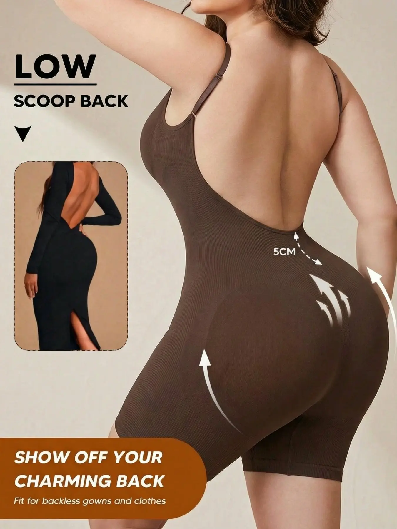 Nude Low Scoop Back Shaping Bodysuit, High-Waist Butt Lifter Shapewear, Faja Shapewear, Adjustable Strap Backless Bodysuit for Backless Dresses & Outfits