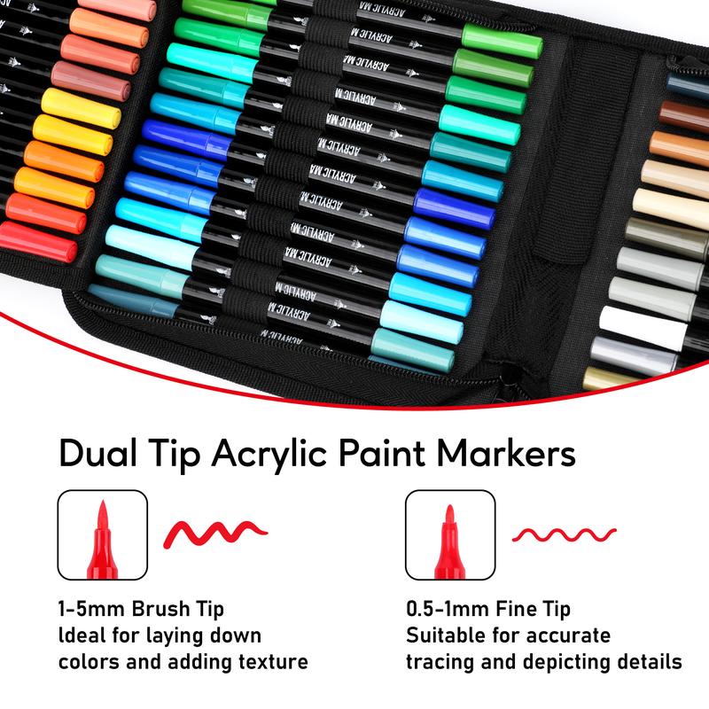 Acrylic Paint Markers, Dual Tip with Fine Tip and Brush Tip Pens for Stone, Wood, Calligraphy, Canvas, Ceramic, Metal, Glass, Rock Painting, DIY Crafts Art Supplies Bag