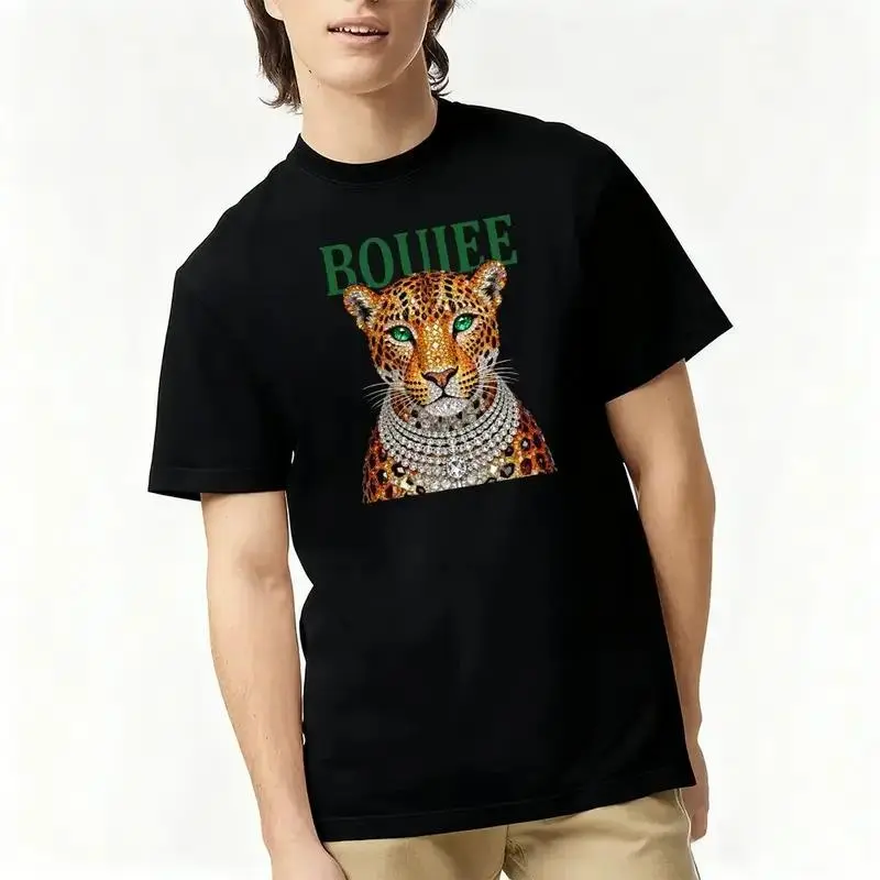 Vintage Leopard Print Shirt, Glam Fashion Graphic Tee, Trendy Animal Print T-Shirt,Boujee Diamond Bling Leopard Head Graphic T-Shirt, Womens White Luxury Aesthetic Short Sleeve, Rhinestone Effect Boujee Leopard Casual Tee, Glam Fashion Top Cotton Fabric