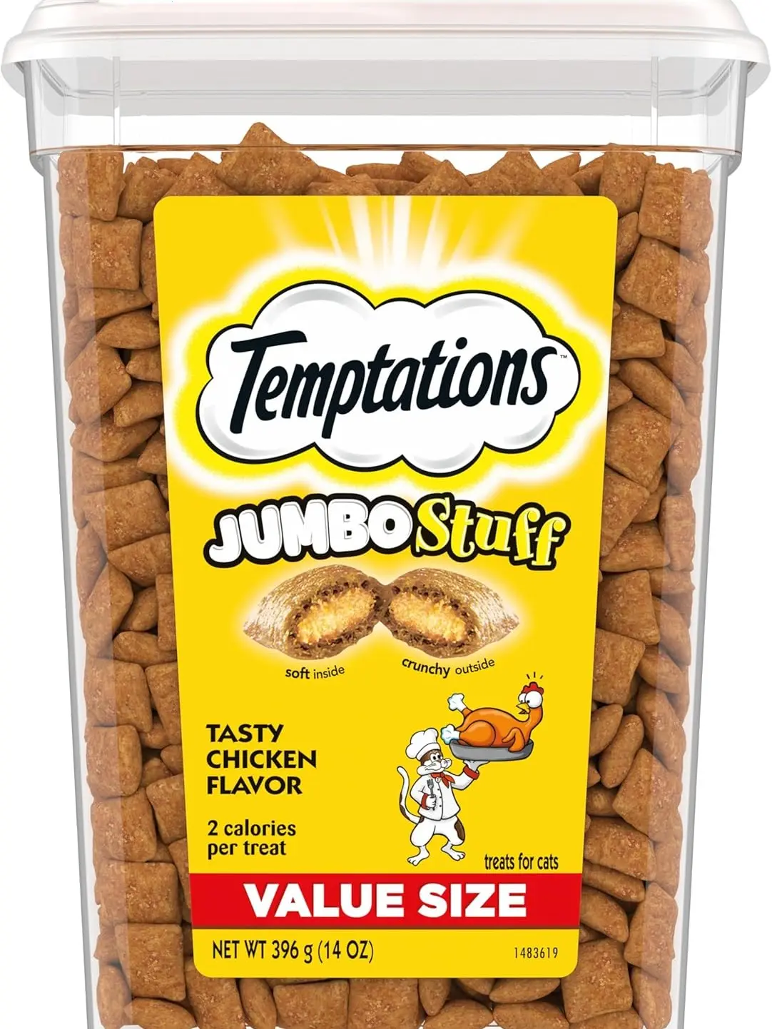 TEMPTATIONS Jumbo Stuff Crunchy and Soft Cat Treats, Tasty Chicken Flavor, 14 oz. Tub, (Pack of 1)