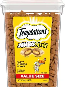 TEMPTATIONS Jumbo Stuff Crunchy and Soft Cat Treats, Tasty Chicken Flavor, 14 oz. Tub, (Pack of 1)