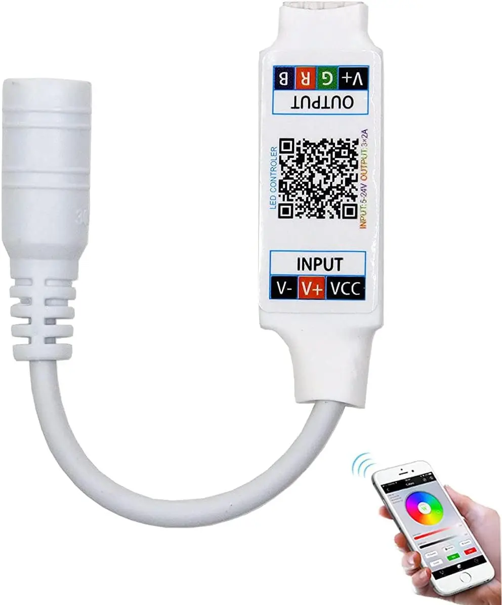 Compact Mini White DC RGB Controller - 5V/12V/24V, Music-Sync, BT & APP Control, Flash, Strobe, Color Changing for RGB Strip Lights & Bars, iOS Compatible, Ideal for Smart Home (Hotel Use)