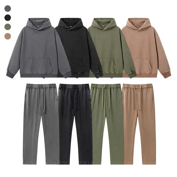 Men’s vintage acid-wash distressed sweatshirt set, loose hooded sweatshirt + straight-leg sweatpants streetwear athletic set, roomy kangaroo pocket, cotton blend fabric, autumn back-to-school outfit, 2026 new autumn set.
