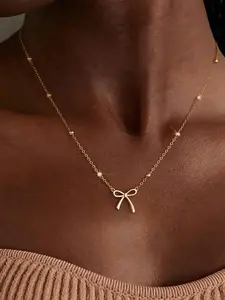 Golden Bowknot Stainless Steel Necklace, Elegant Layered Pendant Jewelry for Women Girls, Ideal Birthday Holiday Gift