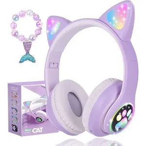 SQ-HPS010 Wireless Cat Ear Headphones for Kids, LED Light Up Kids Girls Bluetooth Headphones with Microphone for School/Travel/Sports/Gaming/Gifts/Christmas (Purple) Audio Cable