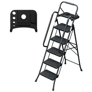 5 Step Ladder with Handrails Folding Step Stool with Tool Plateform, 330 lb Capacity Step Stools for Adults Portable Ladder for Home Kitchen Steel Frame with Non-Slip Wide Pedal