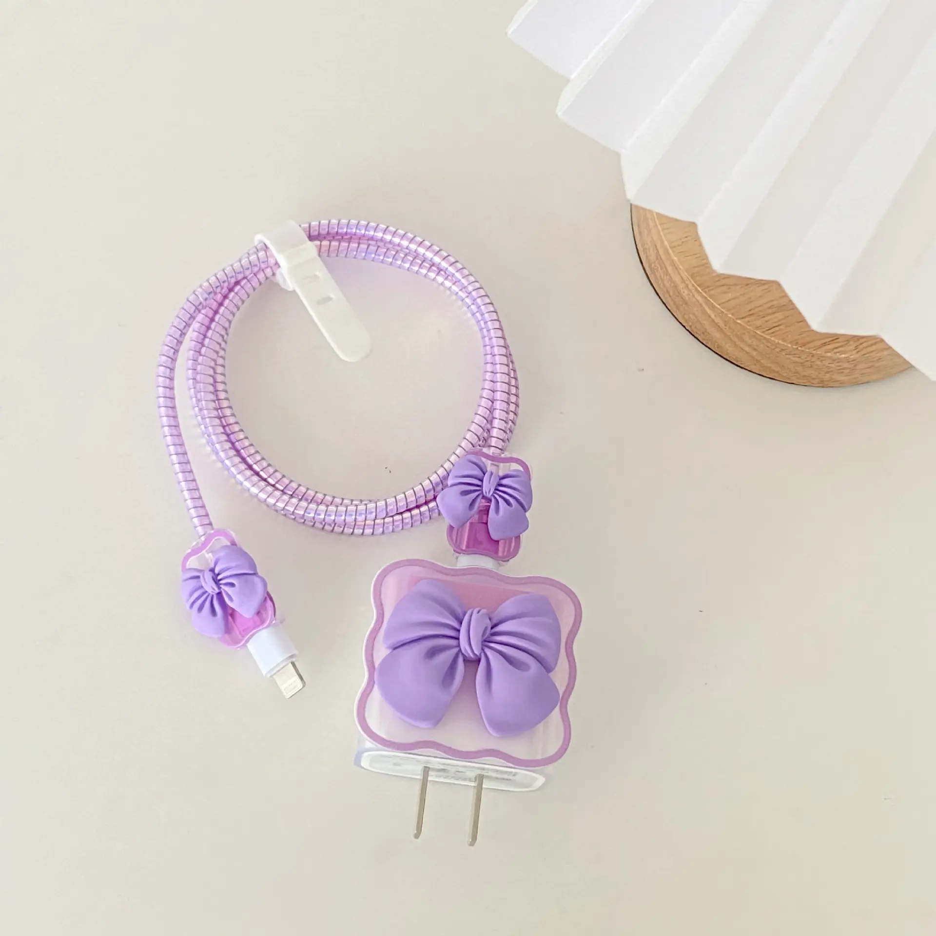 Compatible with iPhone 18W/20W USB-C Charger Cover Cute 3D Bow Tie Design Clear Soft Charger Protector Kawaii Cable Saver for iPhone 11 12 13 14 Pro Max Fast Power Adapter, Purple 2 (5in1)