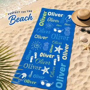 Custom beach towel — personalized text customization, fun summer patterns (pineapple, starfish, sunglasses, ice cream), soft cotton fabric, vibrant colors, a must-have for children and families for pool, beach, and travel.