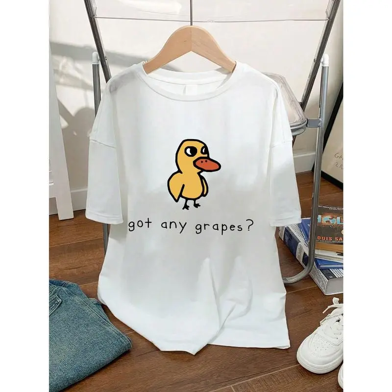 Cartoon duck and slogan print graphic T-shirt girl short-sleeve T-shirt, summer top round-necked shirt top