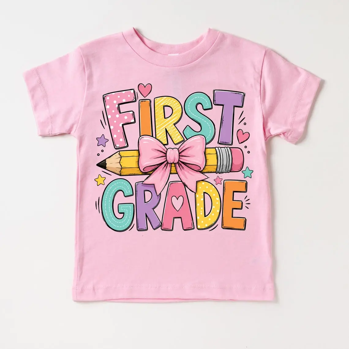 First Grade School Kid Shirt, Girls Back To School Pencil Bow Tee, Colorful 1st Grade Teacher Student Shirt