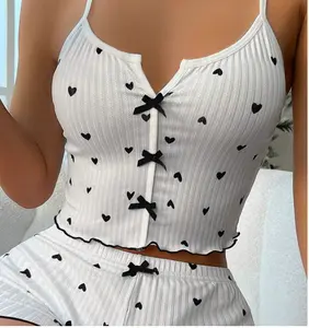 Heart Print Lettuce Trim Bow Front Cami Pajama Sleep Top