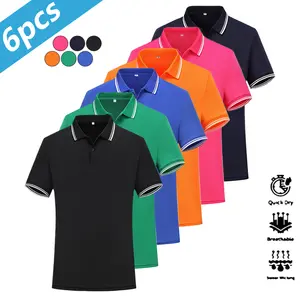 6-piece set, casual men's short-sleeve polo shirts with contrast striped details at collar and cuffs, quick-dry golf and tennis shirts, comfortable equestrian wear, stylish men's activewear, suitable for casual parties, vacations, and travel  bundle