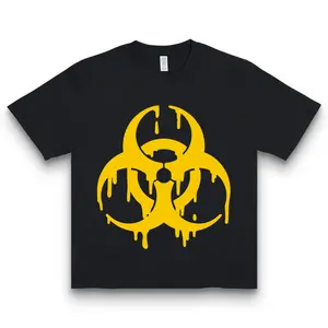 Biohazard Symbol Cotton Tee with Dripping Liquid Effect Featuring Three Crescent Motif and Central Circle Design