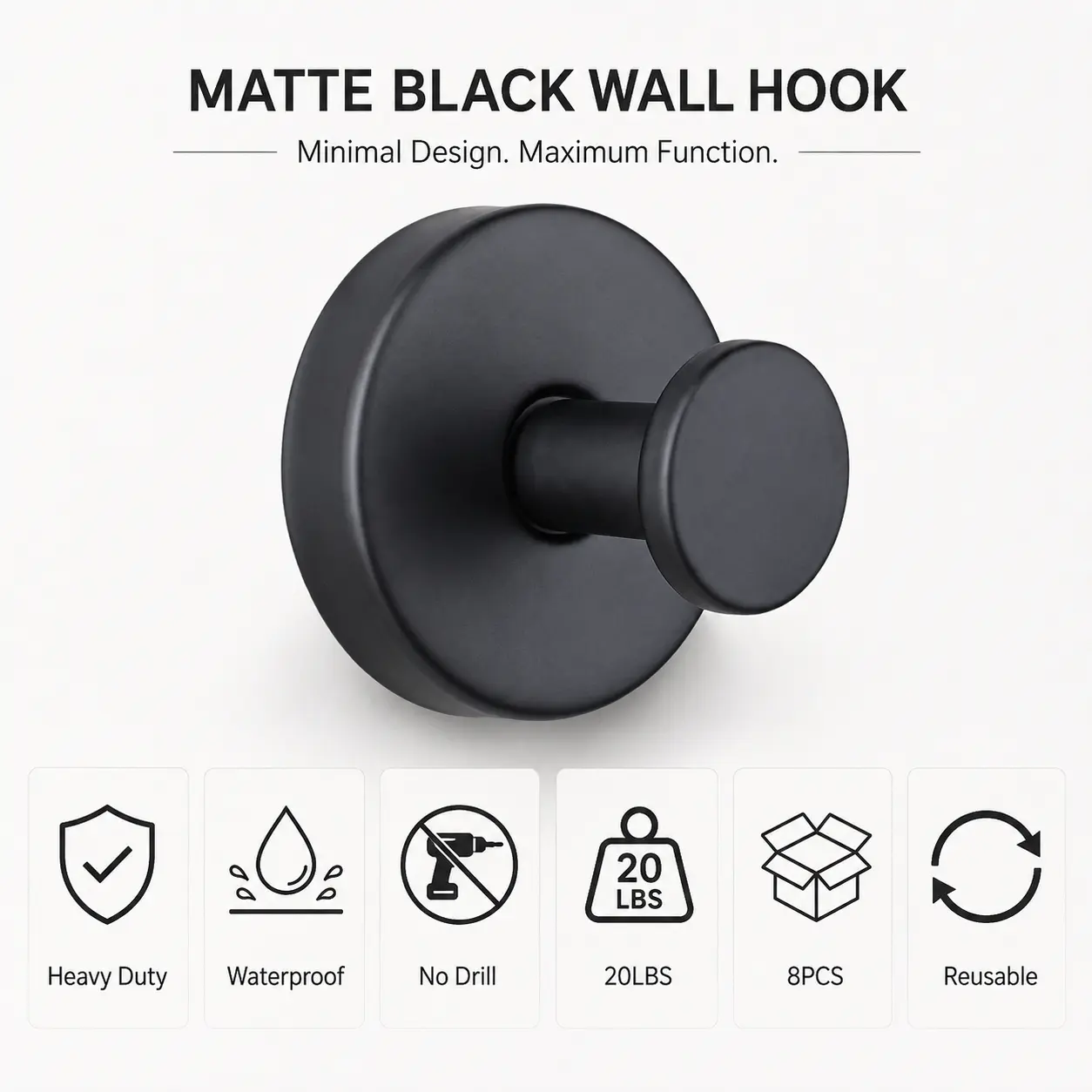 8Pcs Heavy Duty Adhesive Wall Hooks, Super Strong Grip 15LBS Capacity Each, Holds Anywhere – Kitchen, Bathroom, Garage, Office | Waterproof, Removable, No Damage