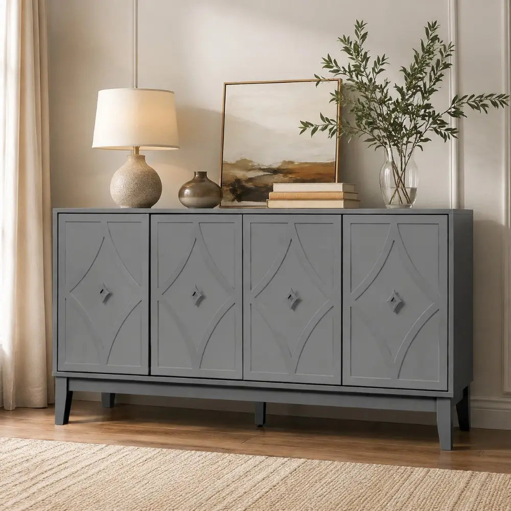 Littleox 4 doors cabinet Vintage Storage Cabinet with Hand-Carved Geometric Doors, Adjustable Shelves, Black Oak Finish, Raised Legs for Easy Cleaning, Sideboard Buffet Cabinet for Living Room & Dining Room
