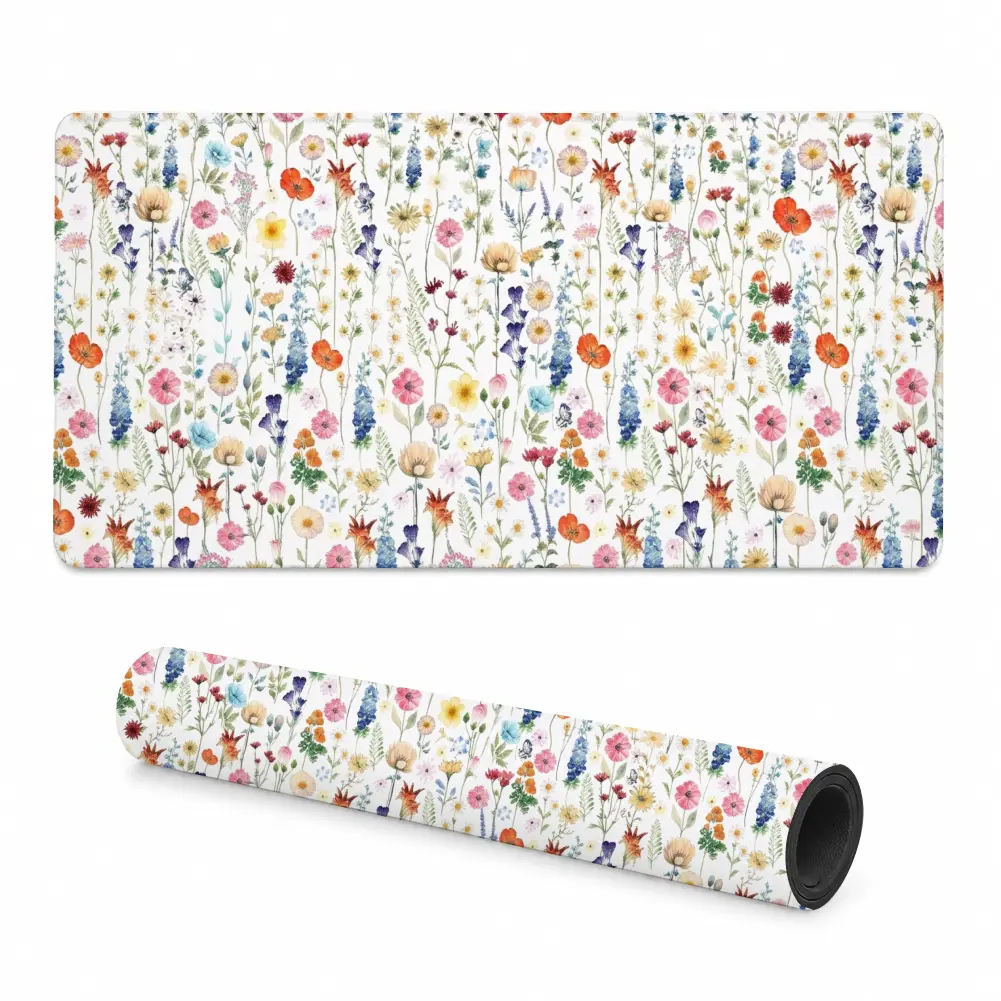 Floral tapestry: A vibrant array of wildflowers, Watercolor painting style Premium Leather Desk Pad -  Extended Mouse Pad, Non-Slip Rubber Base Large Keyboard Mat, Spill-Resistant Table Protector for Home Office