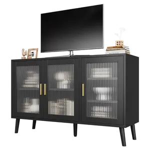 YJ-Garvee Sideboard Buffet Cabinet with Fluted Glass Doors, Kitchen & Dining Room Credenza with Removable Shelves, Decorative Storage for Living Room, Black