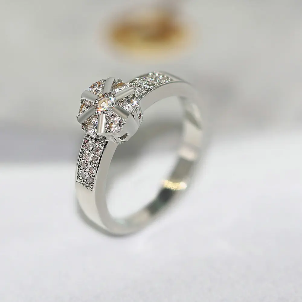 Rings For Women Unique Snowflake Cubic Zirconia Flower Silver Color Wedding Engagement Ring Gift Fashion Jewelry R529