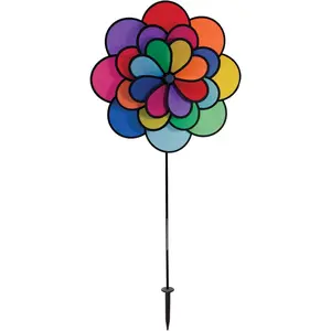 Triple Wheel Flower Colorful Wind Spinner Ground Stake Included for Your Yard or Garden 2830
