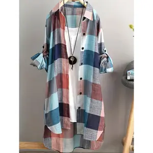 Plus Size Plaid Print Button-Front Shirt, Casual Asymmetrical Hem Long-Sleeve Shirt for Spring and Autumn, Women’s Plus Size Clothing