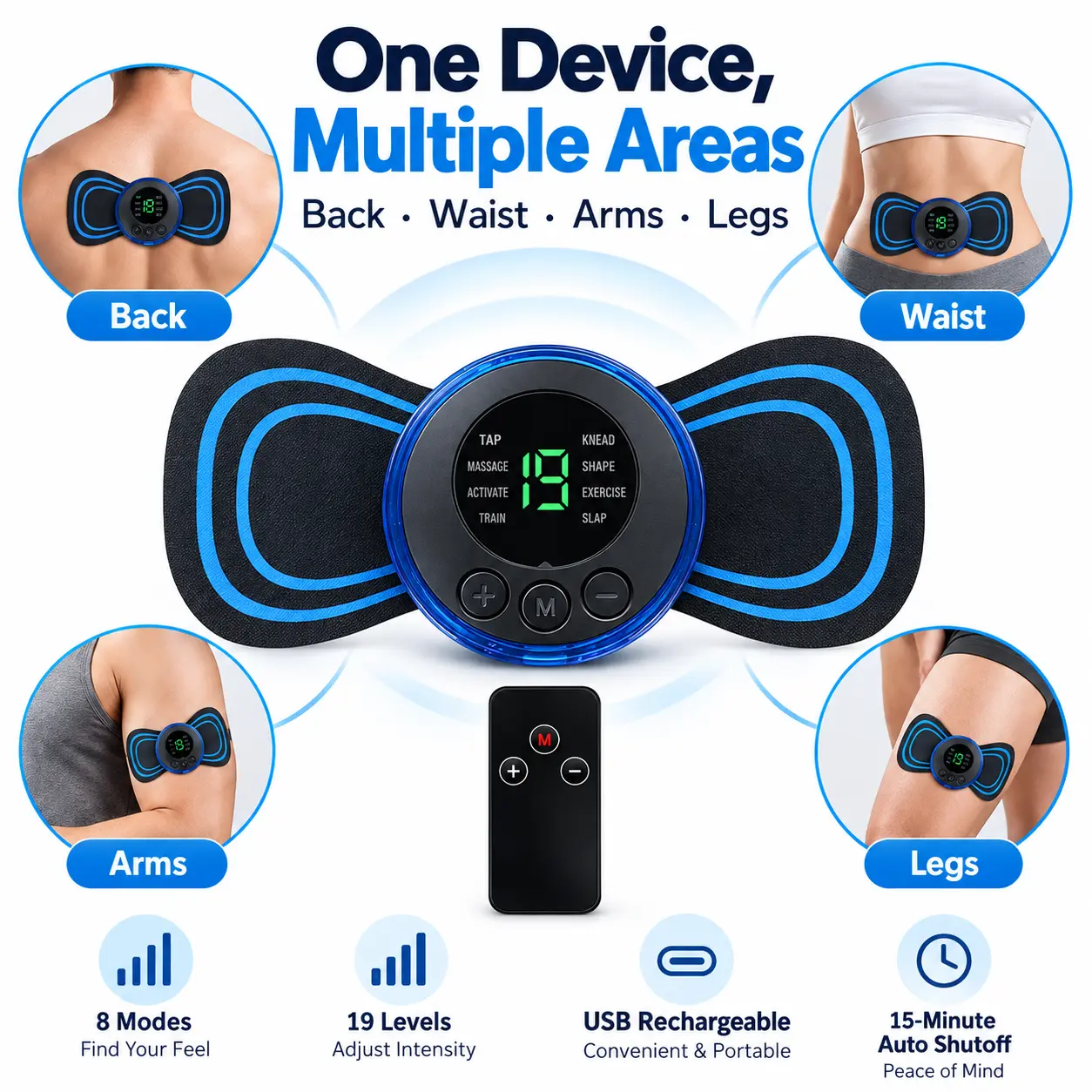 EMS Massage Pad, Muscle Stimulator with 8 Modes & 19 Levels, Remote Control, USB Rechargeable, Portable Massager for Workout Recovery, Relaxation & Daily Use