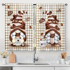 2 Piece Dwarf Coffee Print Curtains, Fashionable Rod Pocket Window Drapes for Bedroom and Living Room, Comfortable Atmosphere, Easy Installation