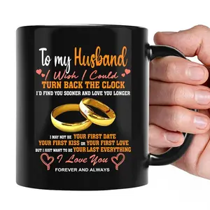 Wedding Anniversary Themed Pattern Coffee Mug, 1 Count Funny Coffee Mug for Husband Wife, Birthday Gift for Couple, Reusable Coffee Mug, Ceramic Coffee Cup