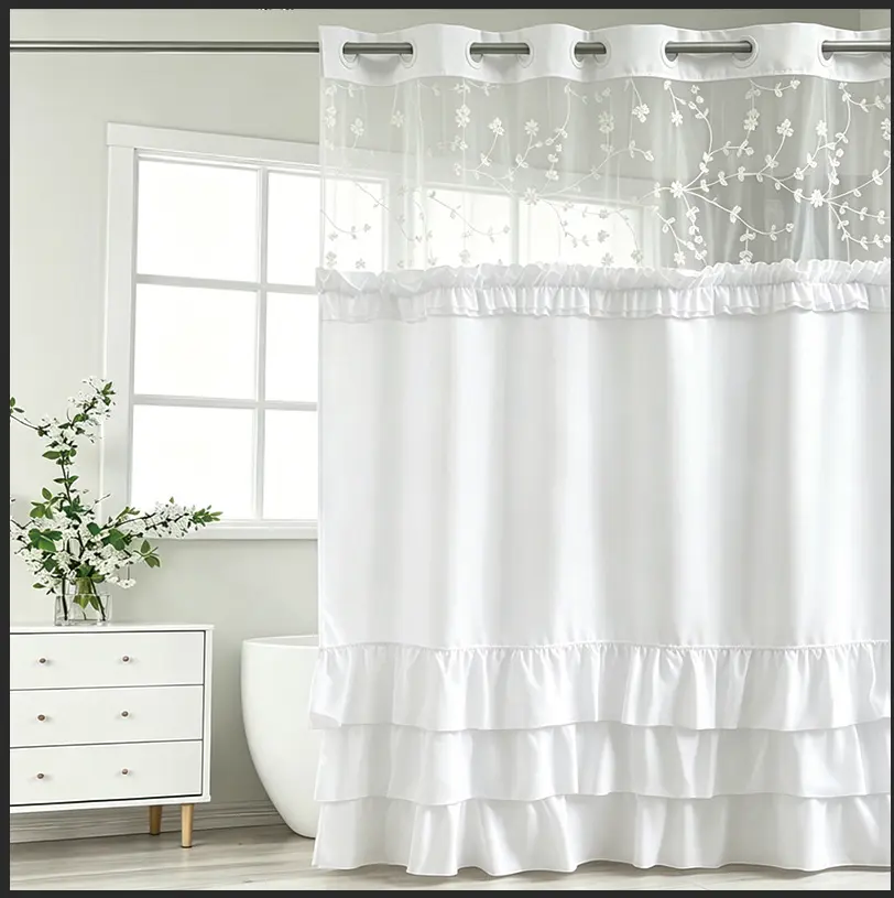 White Hookless Ruffle Shower Curtain with Dual Removable Waterproof Layers, Embroidered Sheer Top, White Plastic Split Rings, Snap-On Washable Bathroom Curtain，71*74 IN