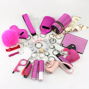 Set Of 18 Pieces Of Women's Safety Keychain Set, With Water Drill Multi-functional Keychain, Card Holder, Wristband, Storage Bag, Bead String, Perfume Bottle Free Combination Keychain