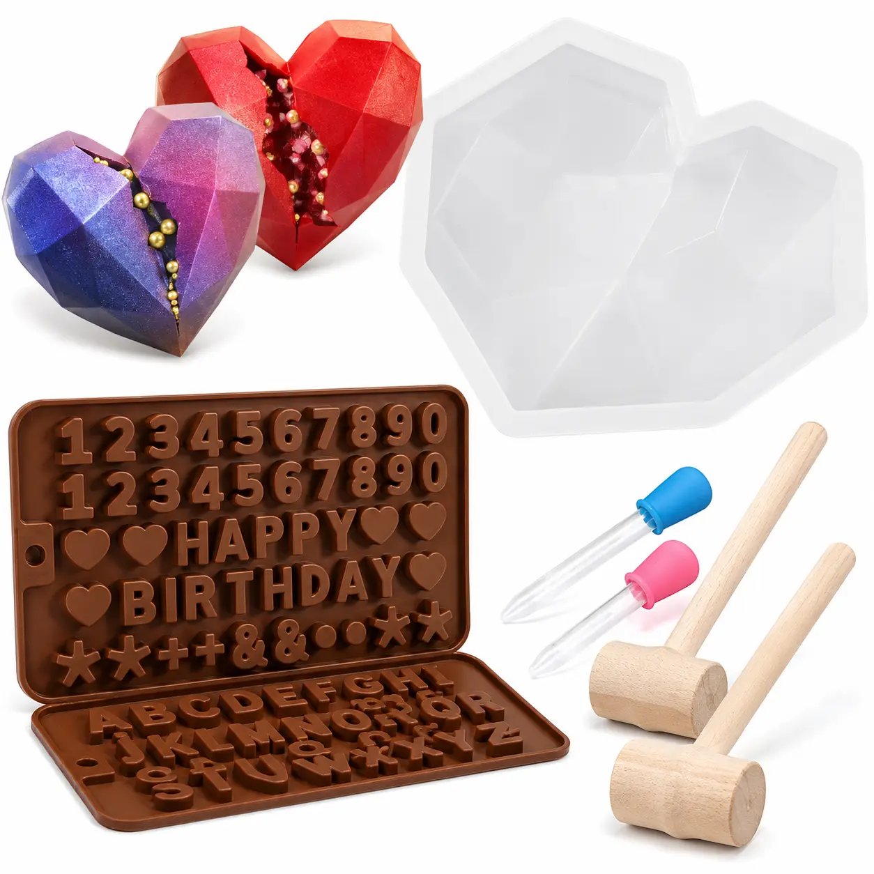 Breakable Heart Mold Set for Chocolate, Heart Silicone Molds with Hammers and Dropper, Letter Mold and Number Chocolate Molds for Valentine Candy Making