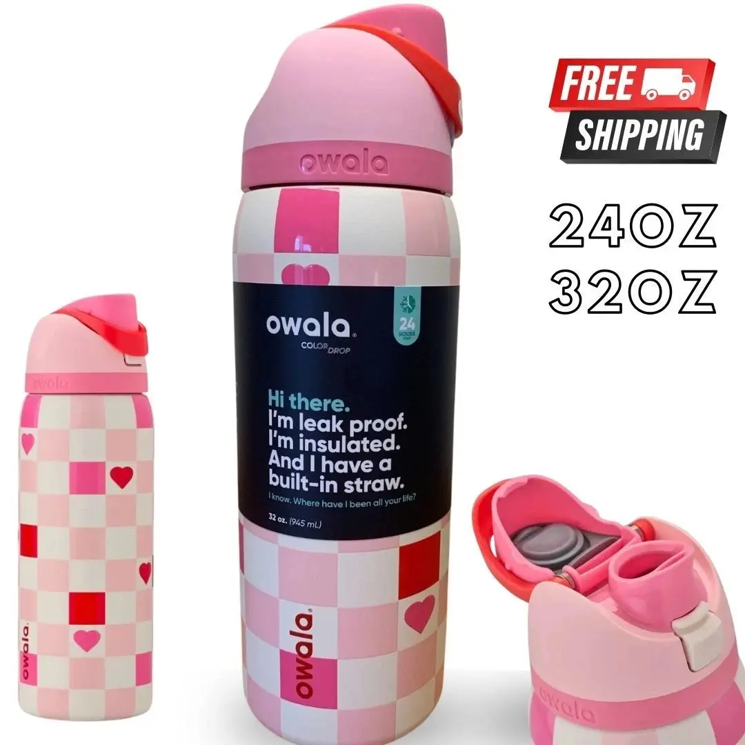 Owala FreeSip Insulated Stainless Steel Water Bottle - Pink Checkerboard Heart Edition 24oz 32oz