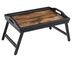 Bed Tray Table with Bamboo Folding Legs, Sofa Breakfast Tray, Serving Tray with Groove for Phone Tablet, Rustic Dark Brown ULLD111B01