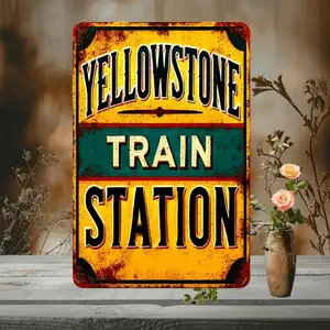 Vintage Metal Sign Featuring Yellowstone Train Station 8x12 Inch Rustic Waterproof Wall Art for Home Garage Bar and Farmhouse Decor