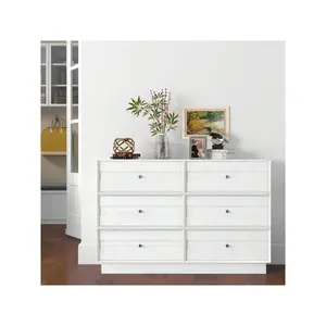 New 2024  Sunvivi 6 Drawer Dresser Modern Dressers Chest Of Drawers With Crystal Knobs Decorative Painted Strip Wood Storage Cabinet For Bedroom Living Room Hallway Closet