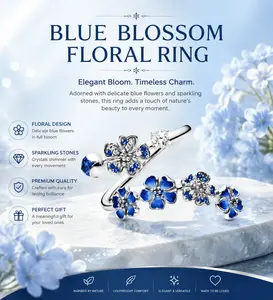 Blue Peach Blossom Open Ring for Women, Adjustable Gold Tone Jewelry with Beaded Floral Design, Elegant Statement Accessory for Daily Wear and Special Gifts