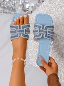 Women's Fashion Rhinestone Toe-Open Flat Sandals, Cute Slippers, PU Leather Upper, Rubber Sole, Comfortable Foot Feel, Daily Wear, Footwear For Beach.