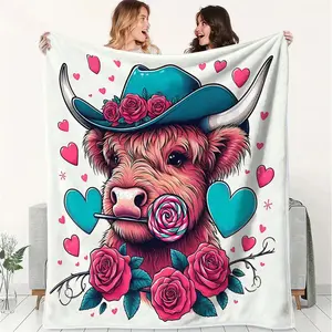 Whimsical Highland Cow Blanket, Cute Cartoon Flannel Throw Blanket with Teal Cowboy Hat, Perfect for Home Decor, Camping Adventures, Office Warmth, Fun Gift Idea