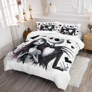 Halloween Theme Cute Cartoon Skull Bedding Set, Includes 1 Quilt and 1/2 Coreless Pillowcases, Warm and Comfortable Bedroom Accessories