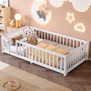 Twin Size Floor Bed with Safety Guardrails and Door - Low Profile Design for Safe Sleep and Independence - Crafted from High-Quality Pine Wood - 77.50x40.70x17.50 inches